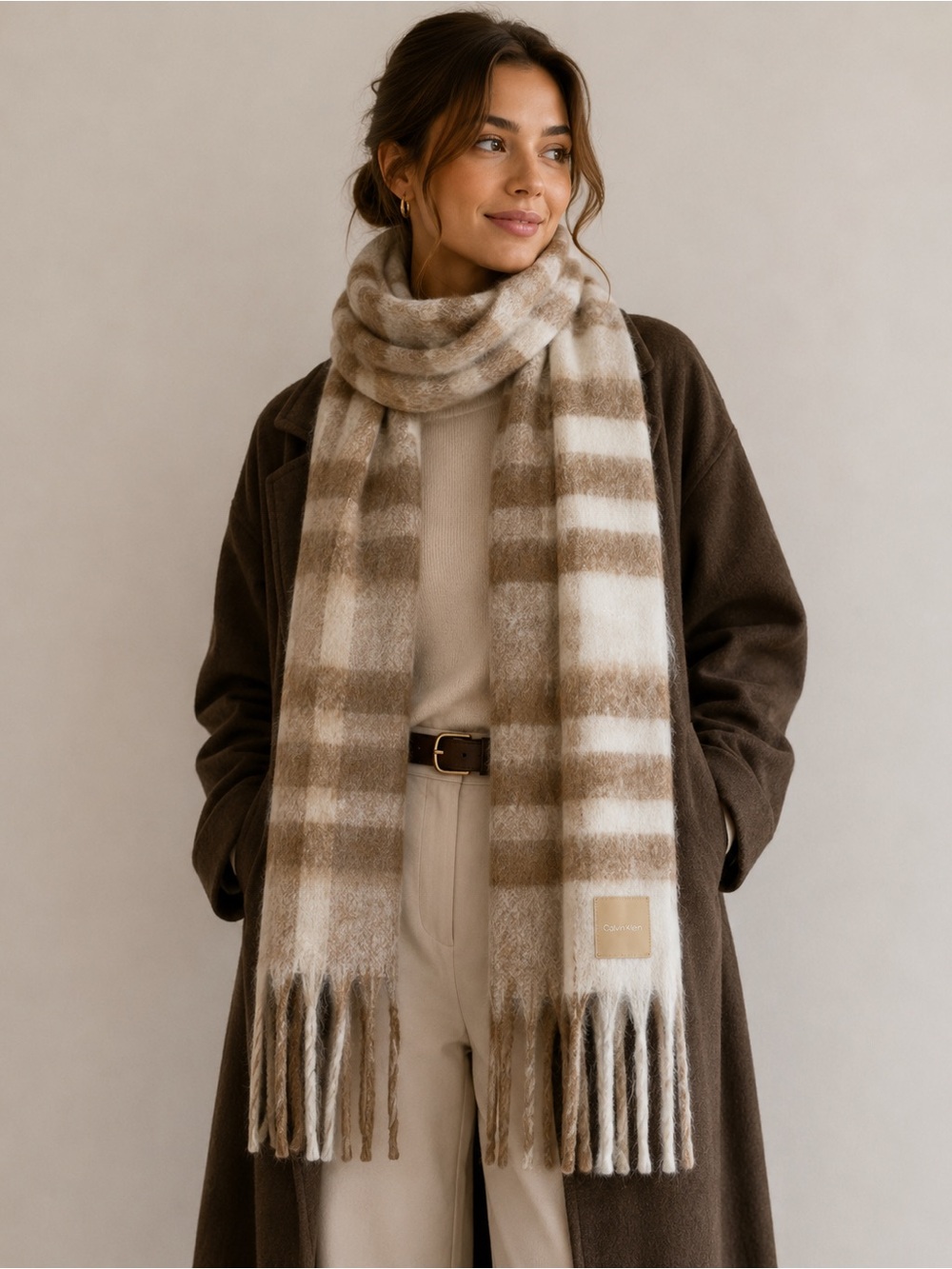 Calvin Klein NWT Heathered Almond Cozy Plaid Scarf One Size Fringe New Warm Soft